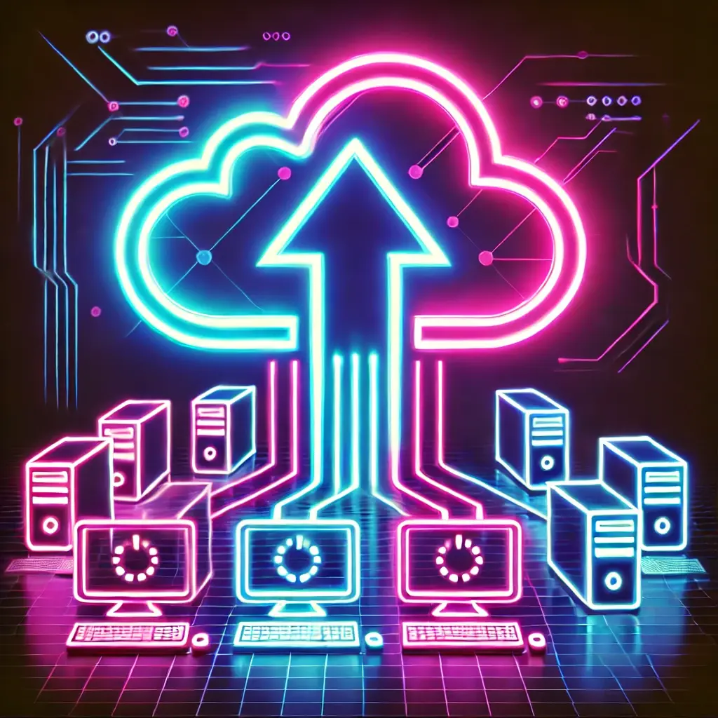 DALL·E 2025-01-31 14.59.12 - A futuristic, cyberpunk-style representation of uploading a file to the cloud. The design includes a glowing neon cloud with an upward arrow symbolizi